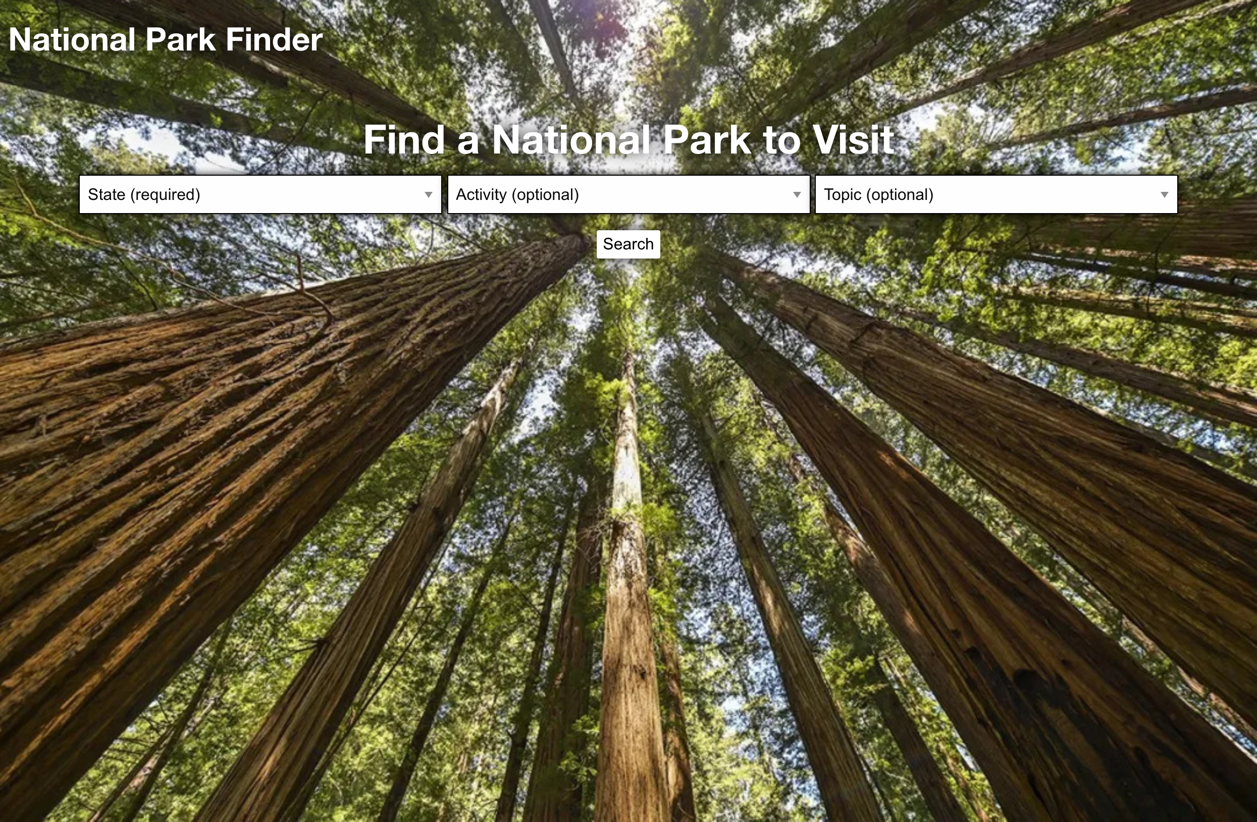 screenshot of national park finder site